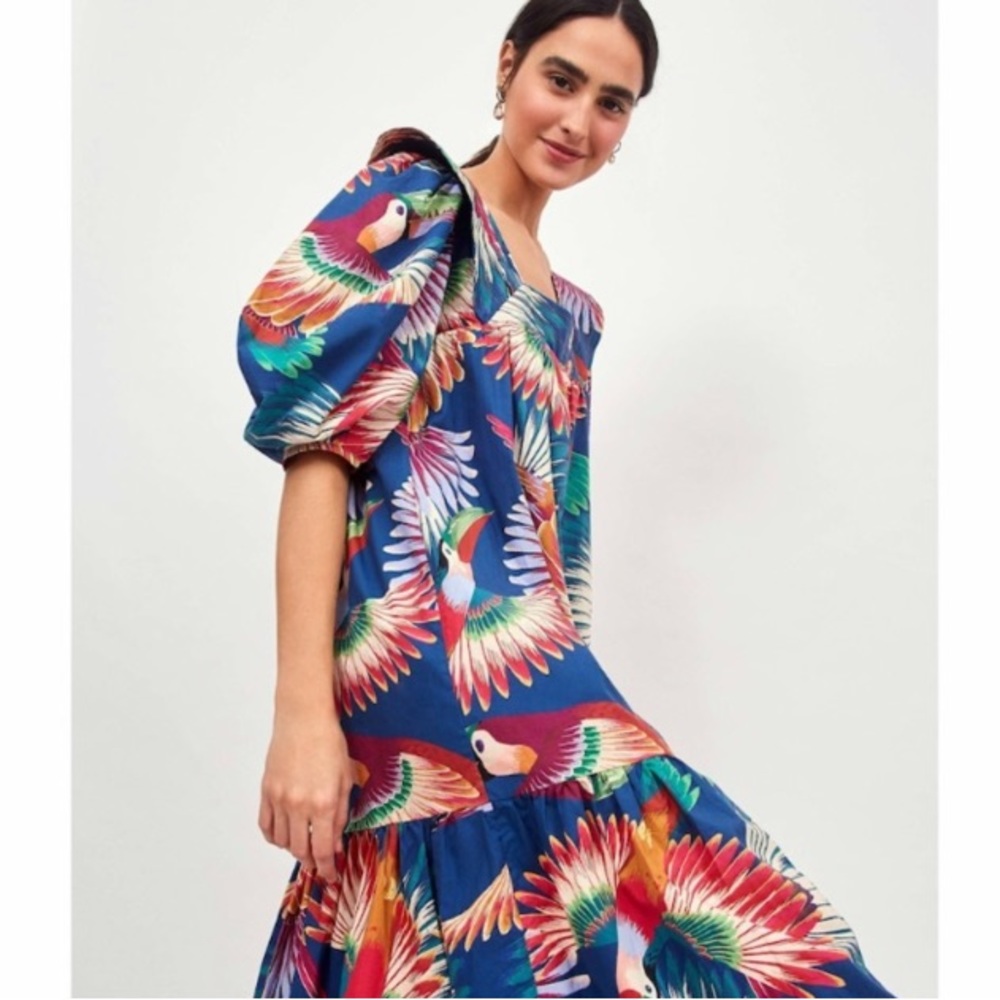 Farm Rio Toucan Bird Print Puff Sleeve Mini Dress Colorful Tropical